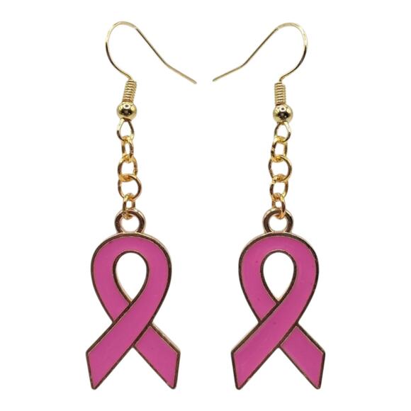 Pink Ribbon Awareness Earrings Breast Cancer Support Jewelry Dangle Earrings - Picture 1 of 4